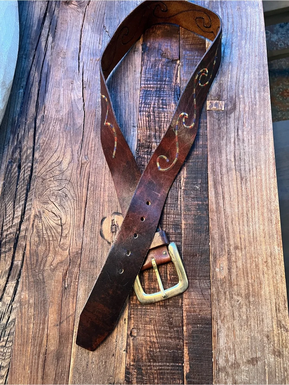 Vintage-Inspired Brown soft Leather Belt with Embroidered Detail